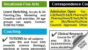 Times of India Education display classified rates