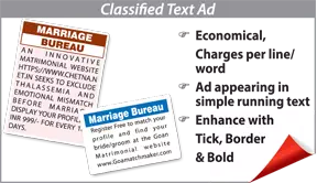 Hindu Marriage Bureau display classified rates