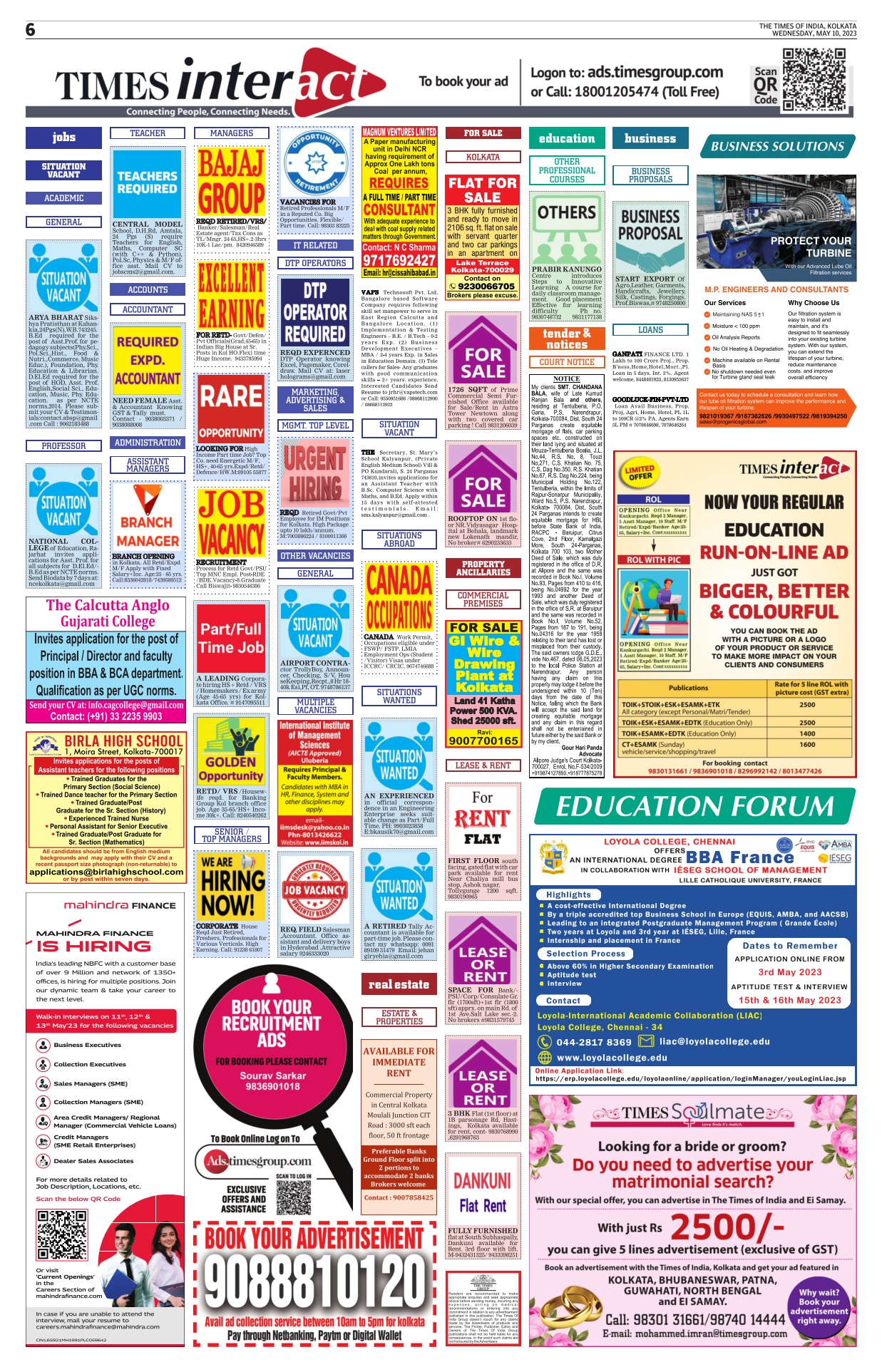 Times of India classified page sample