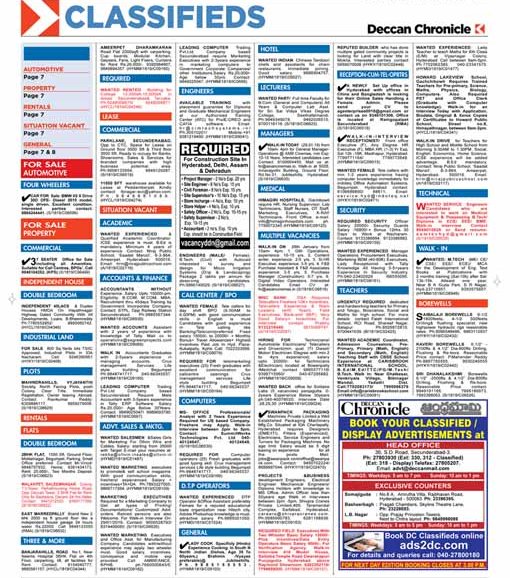 Deccan Chronicle  Newspaper Classified Ad Booking