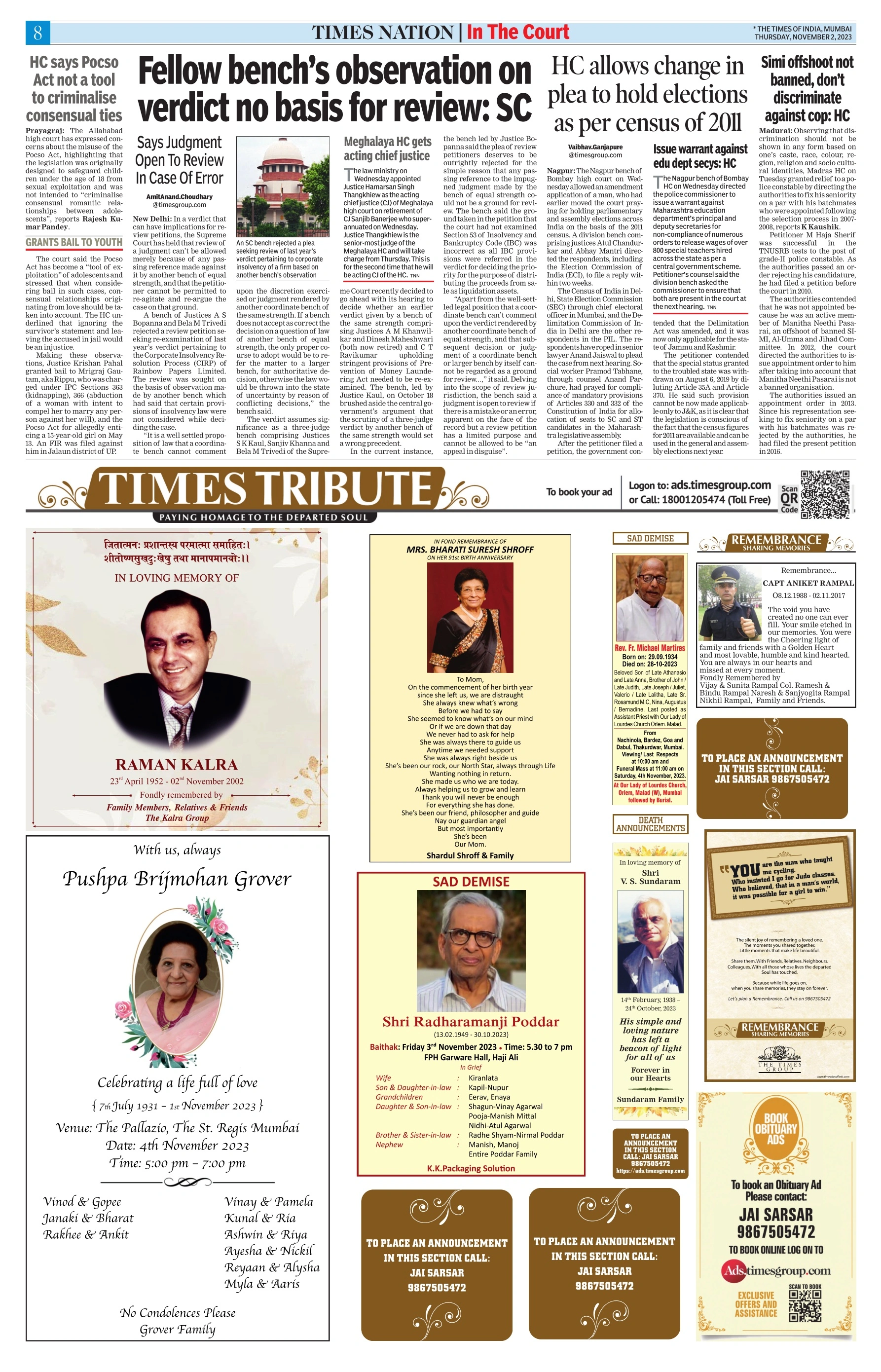 Times Tribute Advertisement Booking