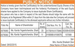 Loss of Share Certificate Advertisement